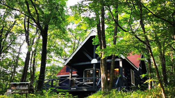 A cabin surrounded by dense forest, with a visible staircase leading up to it. - Private Log Cabin-Perfect for families, large groups, Parties are welcome! (Nasu-gun Nasu-machi)