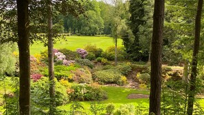 A lush garden with a variety of plants and trees, a well-maintained lawn, and a small pond.