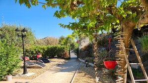 A garden pathway with a wooden ladder, a hanging red pot, and a small lamp post.