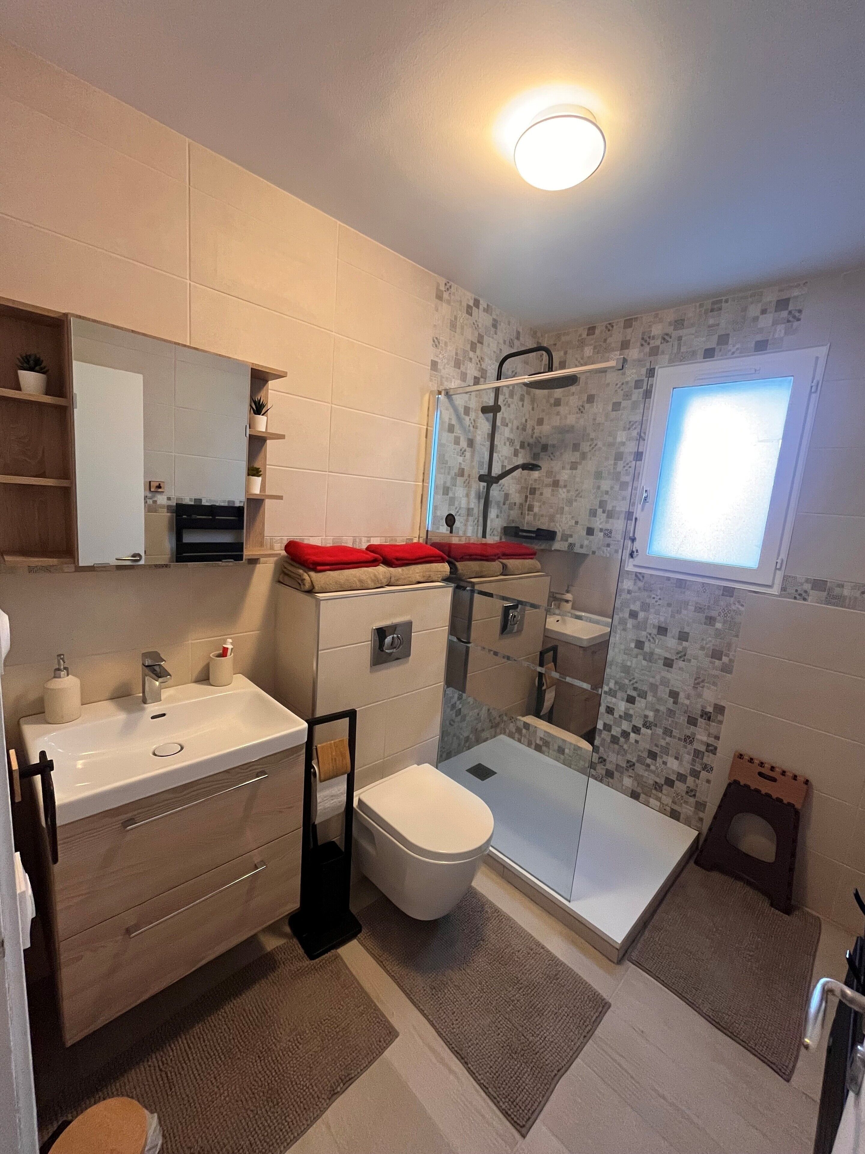 Douche, sèche-cheveux, serviettes fournies, savon