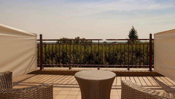 A balcony with a wicker table and chairs, a view of a field, and a metal railing. - Logis Hôtel Le Coq Hardi (Pouilly-sur-Loire)