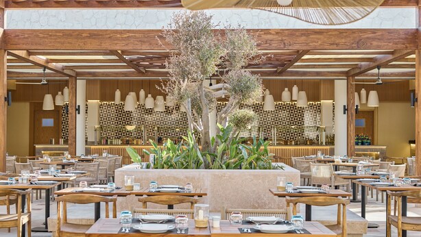 Un área de comedor al aire libre con mesas y sillas de madera, un macetero central con árboles y decoración de pared con diseños.