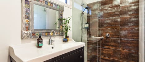 Hair dryer, towels, soap, toilet paper
