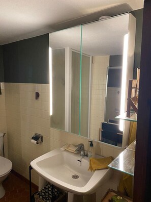 Un baño con un lavamanos blanco, un espejo y un inodoro.