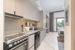 Fridge, microwave, stovetop, toaster