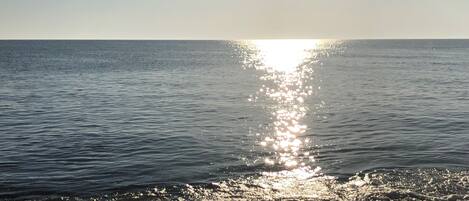 Une plage où la lumière du soleil se reflète sur l’eau.