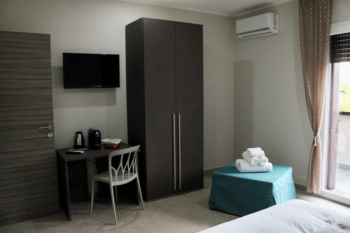 Una habitación de hotel con cama, escritorio, silla, armario y televisor.