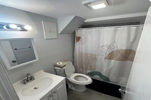 Hair dryer, towels, soap, shampoo