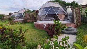 A series of geodesic dome structures with a central entrance, surrounded by lush greenery and a clear sky. - Paradise city (Kidoti)