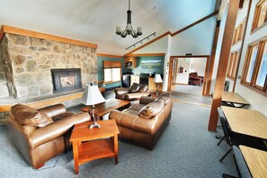 Télévision, cheminée, espaces bureaux