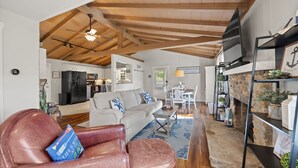 Smart TV, fireplace, books