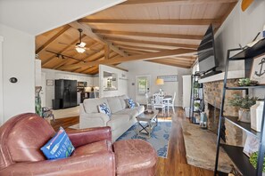 Smart TV, fireplace, books