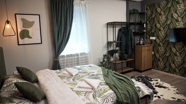A bedroom with a bed, a wardrobe, a TV, and a window with curtains. - Brent Collection (Novi Sad)
