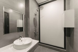 Hair dryer, towels, soap, shampoo