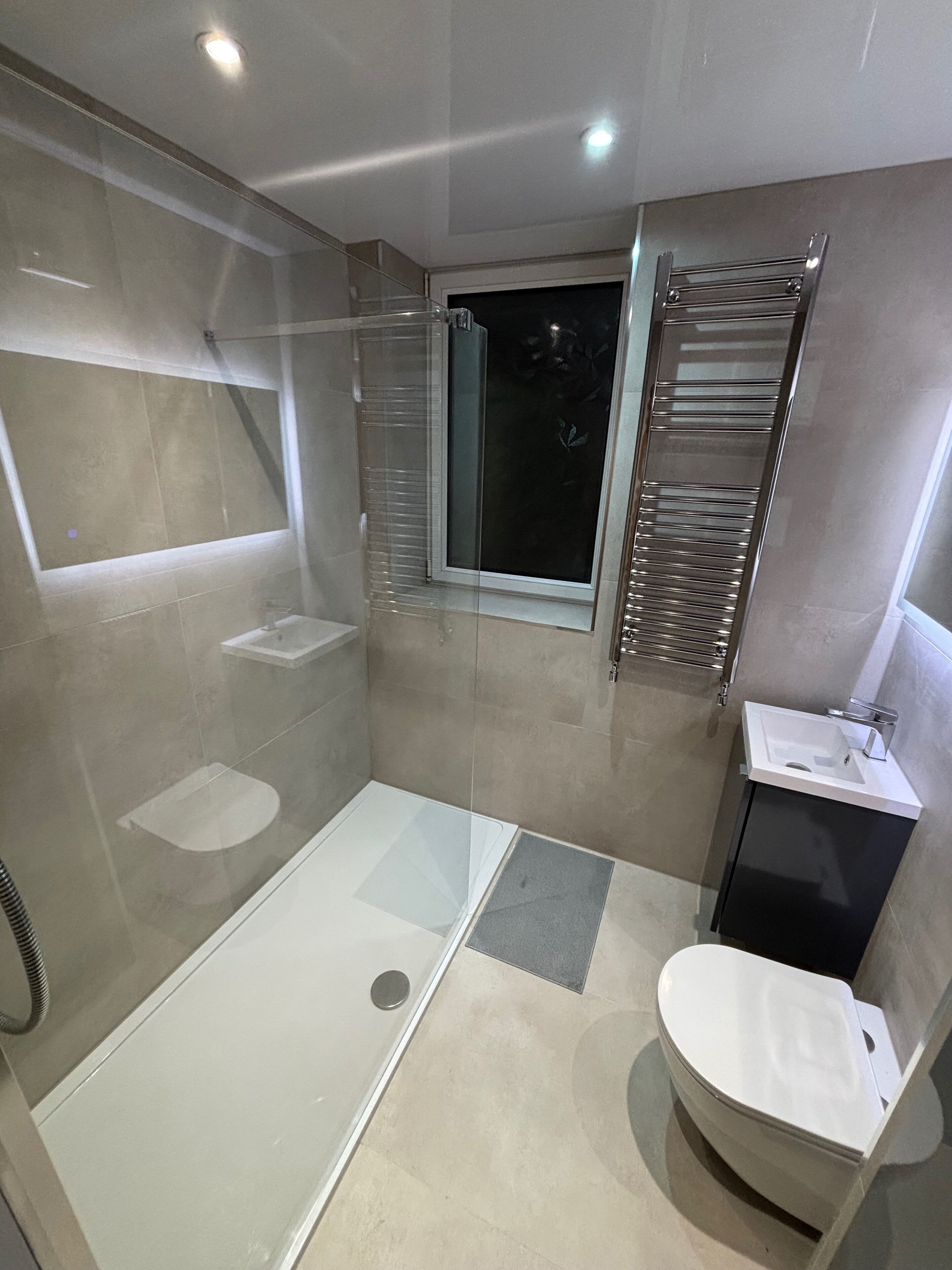 A modern bathroom with a glass shower enclosure, a toilet, and a sink.