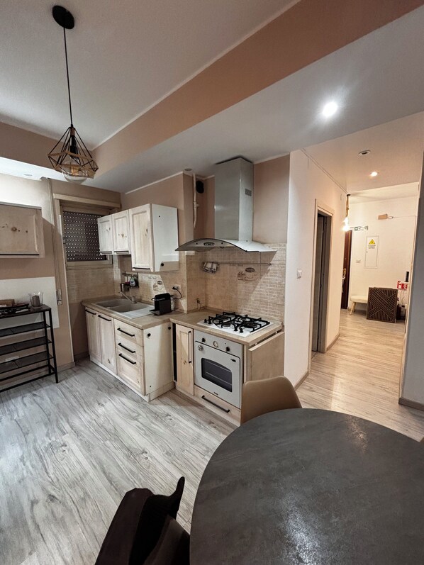 Fridge, oven, stovetop, coffee/tea maker