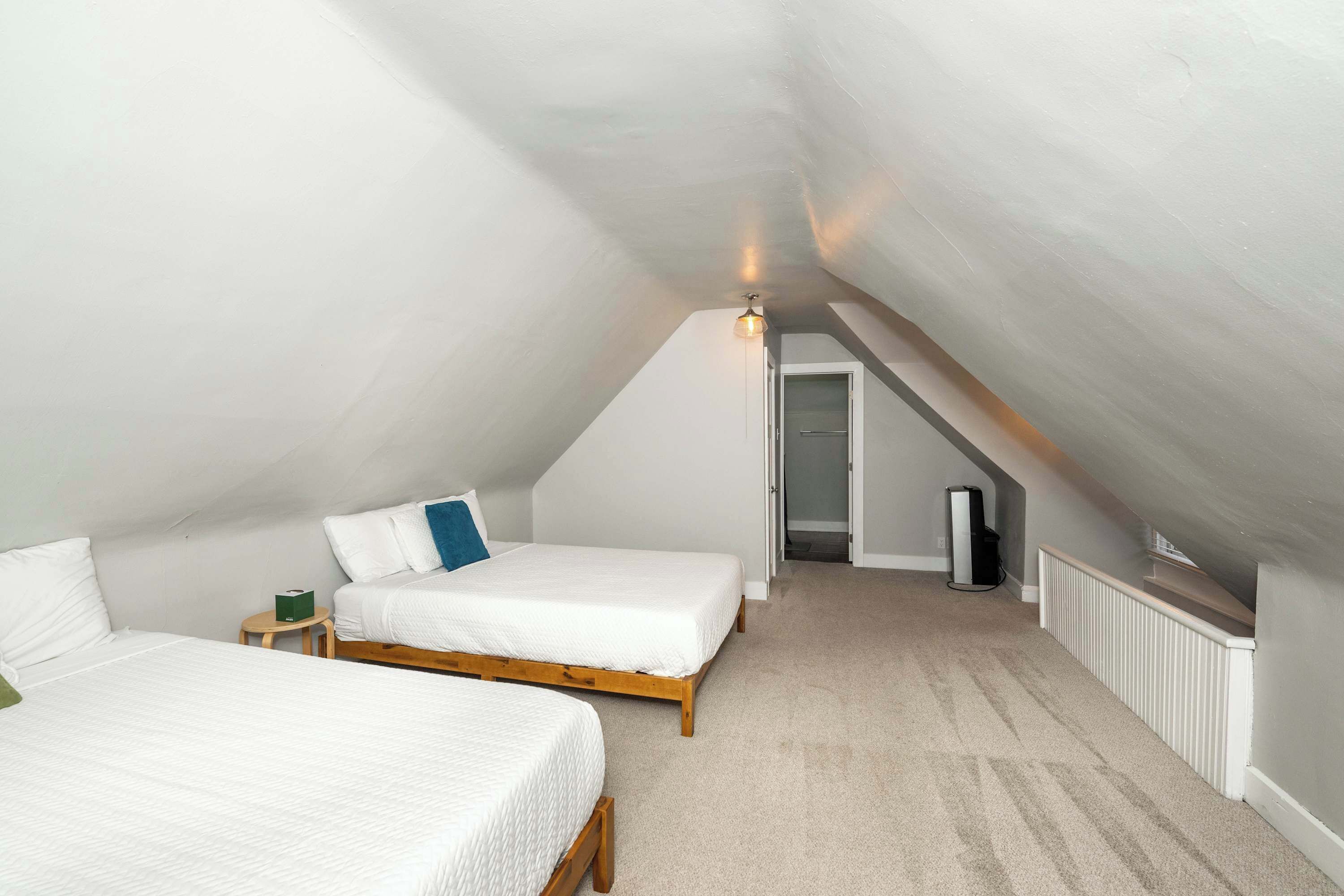 Een slaapkamer met twee bedden, een plafondlamp en een radiator.