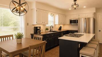 House, Multiple Beds, Patio, Garden View (Lark Meadow Retreat) | Private kitchen | Coffee/tea maker, fridge, microwave, oven