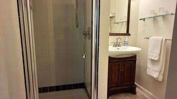 A modern bathroom with a glass-enclosed shower, a vanity with a mirror, and a towel rack.