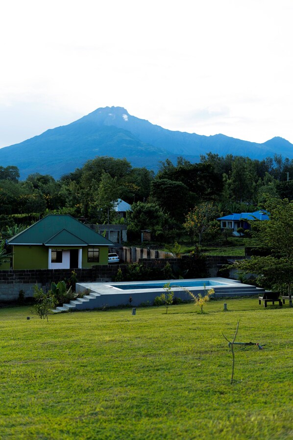 A residential area with houses, a swimming pool, and a mountain in the background. - Rafiki Retreat (Arusha)