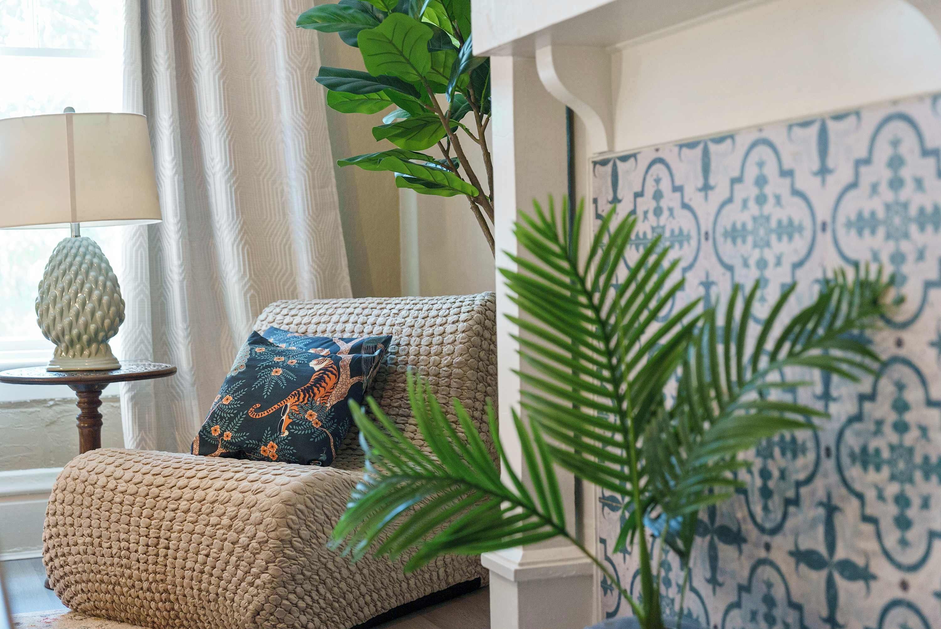 A cozy living room with a beige sofa, a decorative lamp, and a large green plant.