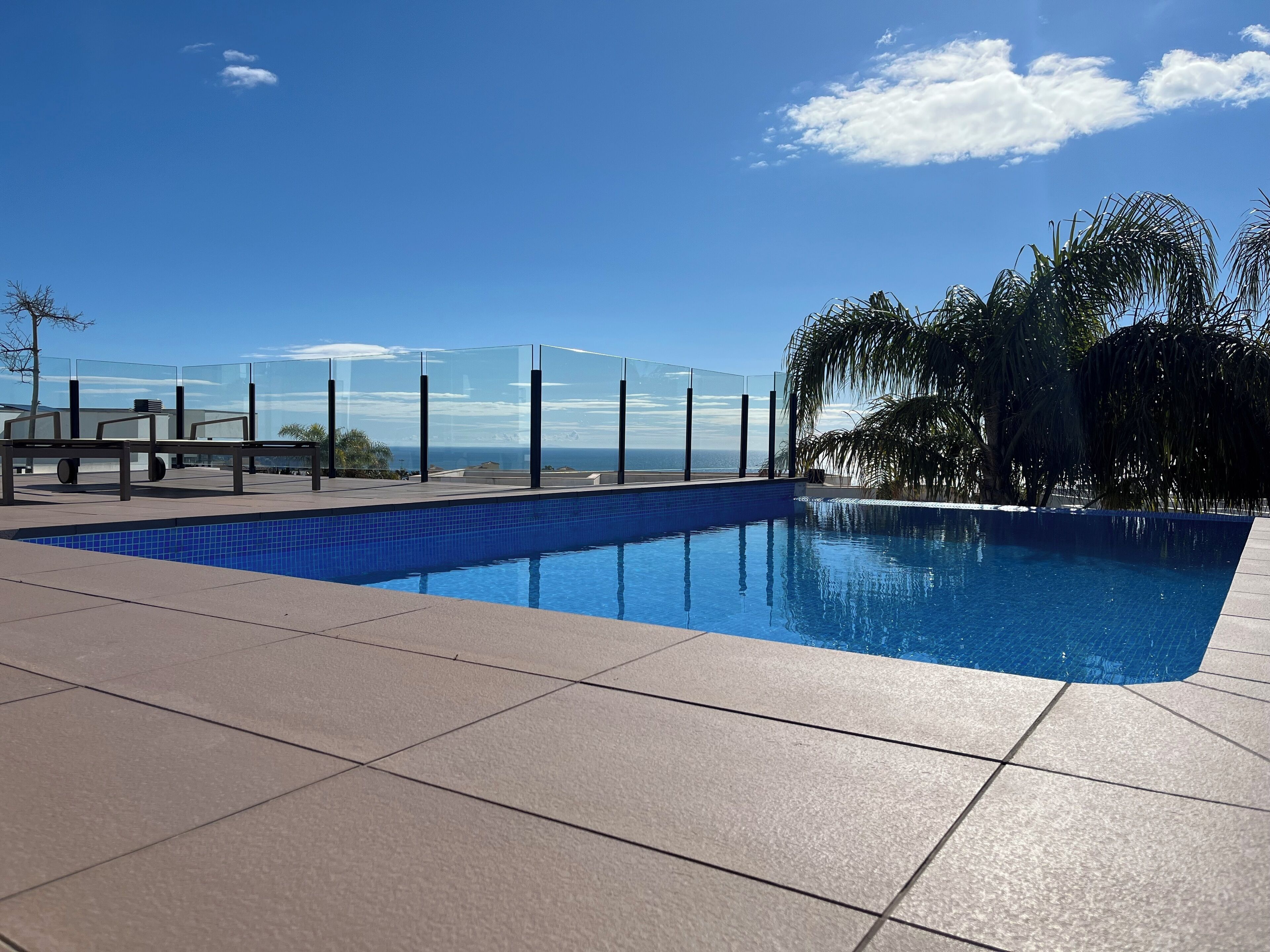Ein Pool mit freiem Blick auf den Ozean, umgeben von Palmen und einer Glasbrüstung.