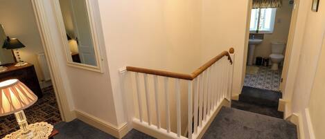 A staircase with a white railing, carpeted steps, and a chandelier.