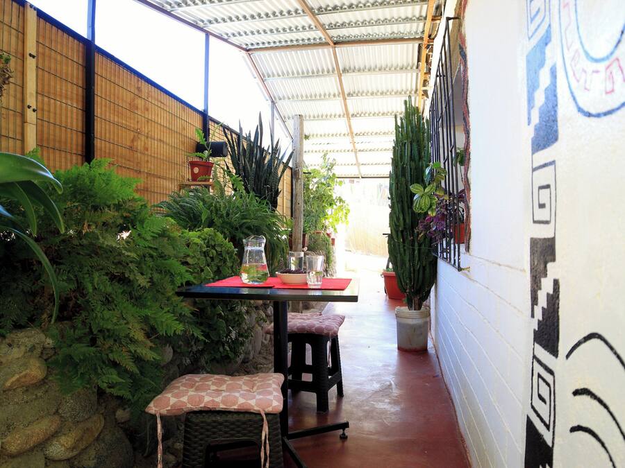 A narrow patio with a table and two stools, surrounded by potted plants and a bamboo fence.