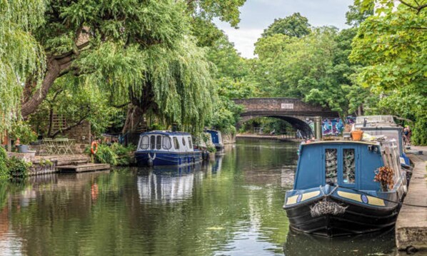 Un canal con barcos, un puente y abundante vegetación.