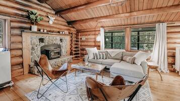 Cabin, 2 Bedrooms, Smoking, Fireplace | Living area