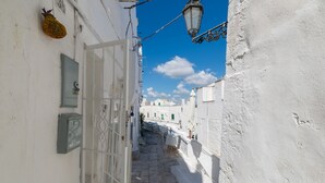 A narrow, white-walled alleyway with a cobblestone path, a metal gate, and a street lamp. - Petra Suite Ostuni by Wonderful Italy (Ostuni)