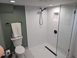 Hair dryer, towels, soap, toilet paper