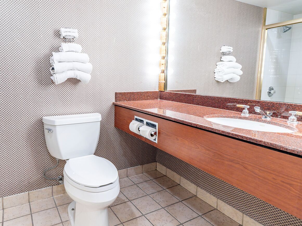 Separate tub and shower, deep soaking tub, free toiletries, hair dryer