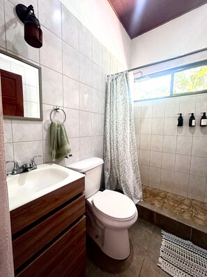 A bathroom with a toilet, sink, and shower curtain.