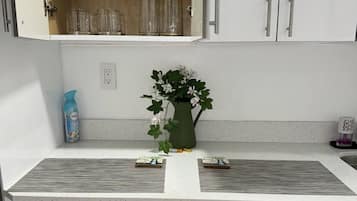 Fridge, microwave, coffee/tea maker, electric kettle