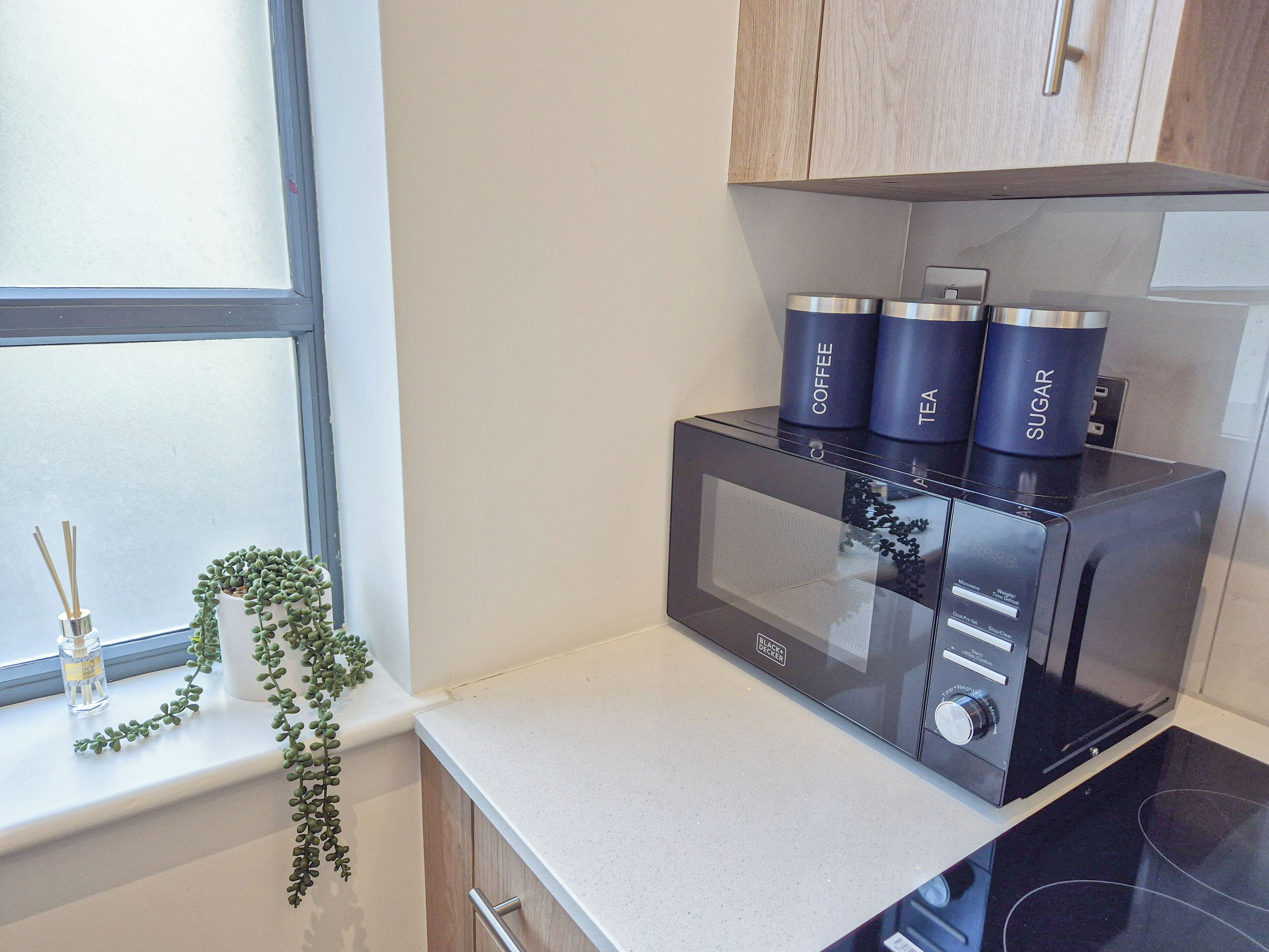 Cozinha com micro-ondas, janela com planta e bancada.