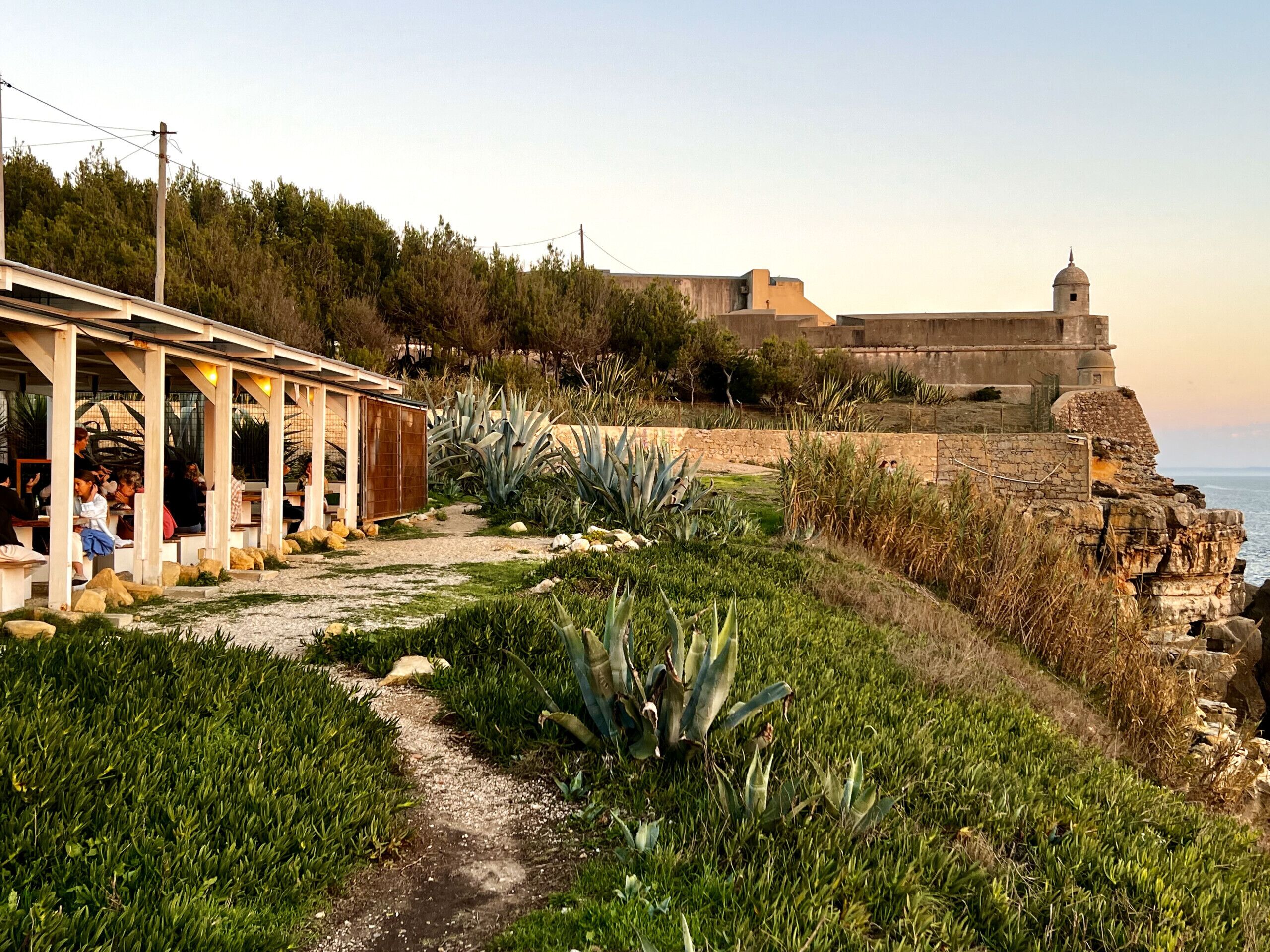 Un restaurant en bord de mer avec une terrasse offrant une vue sur l’océan, un fort en pierre en arrière-plan et un sentier bordé de plantes d’agave.