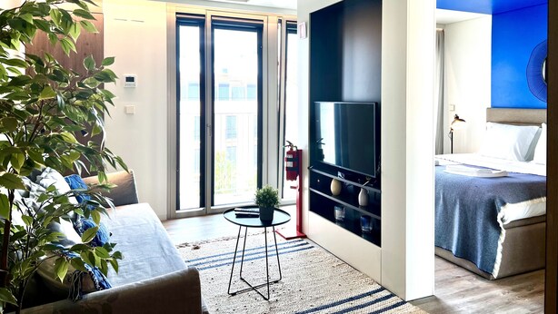 A modern living room with a sofa, a coffee table, and a TV. - D. Carlos (Lisbon)