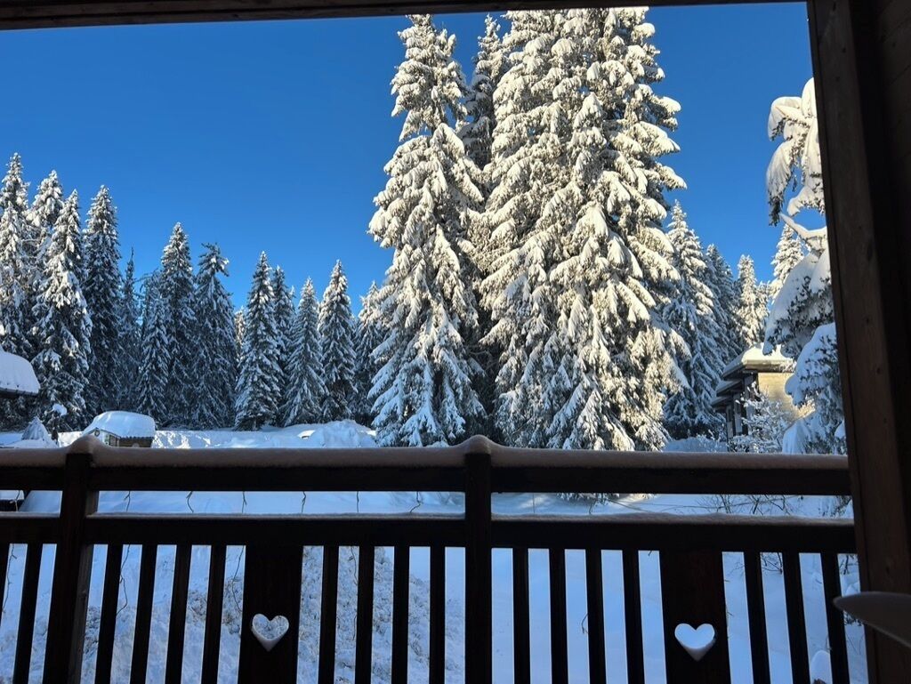 Blick von einem Holzbalkon in einen verschneiten Wald mit herzförmigen Verzierungen.