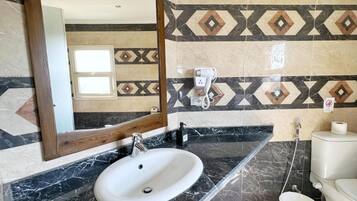 Hair dryer, towels, soap, toilet paper