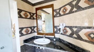 Hair dryer, towels, soap, toilet paper