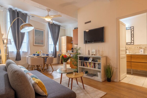 Smart TV, DVD player, books