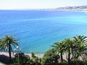 A coastal view with a clear blue sea, palm trees, and a promenade. - Charming flat, fully equipped, A/C, beach only 300m, center of old town Nice (Nice)