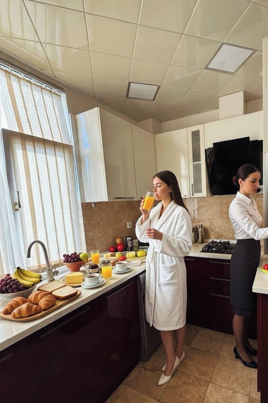 Una cocina moderna con mesa para el desayuno, frutas, pan y jugo.