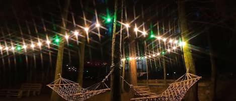 Two hammocks suspended from a tree, with string lights above them.