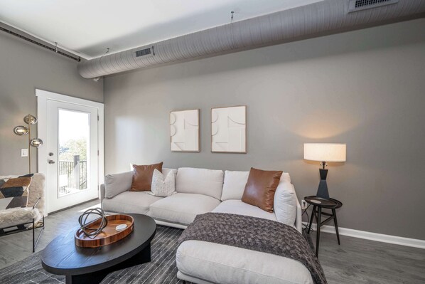 Căn hộ, 1 giường cỡ king, bếp, quang cảnh vườn (Queen City Views 4) | Khu phòng khách | TV