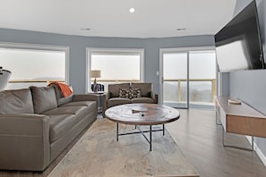 Smart TV, fireplace, books