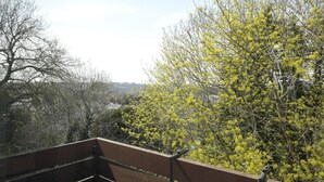 Blick von einem Balkon mit Geländer auf eine Landschaft mit Bäumen und eine ferne Stadtansicht.