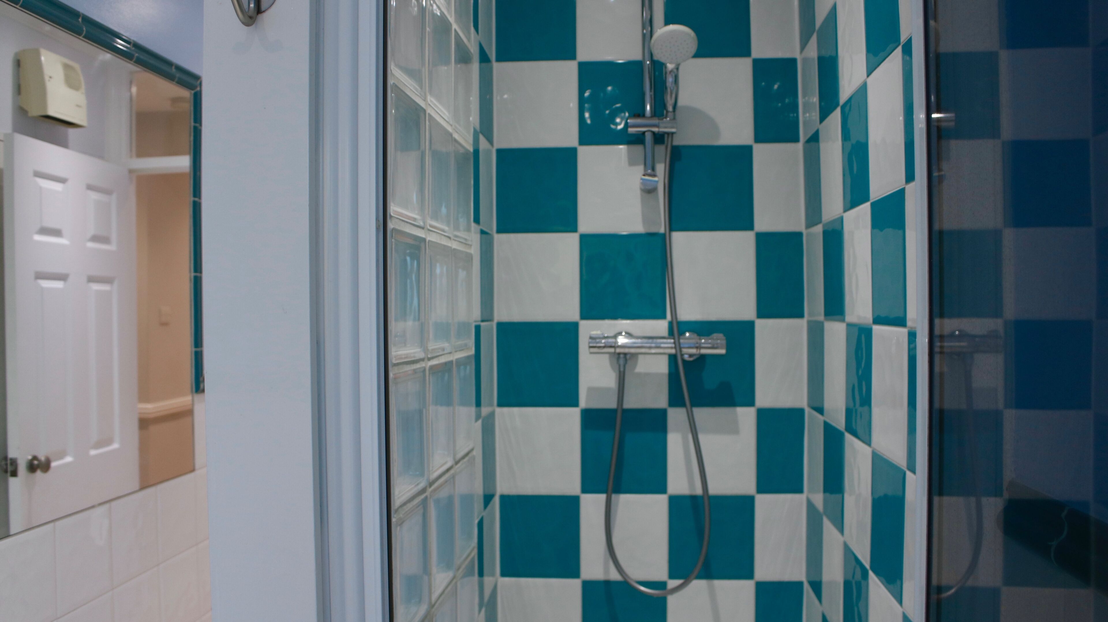 A bathroom with checkered blue and white tiles, a glass shower enclosure, and a white door.