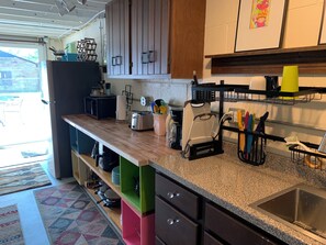 Fridge, microwave, coffee/tea maker, electric kettle